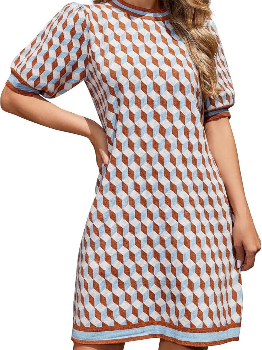 A181 Women’s Geometric Knit Shift Sweater MED Dress in Light Blue & Brown NWT